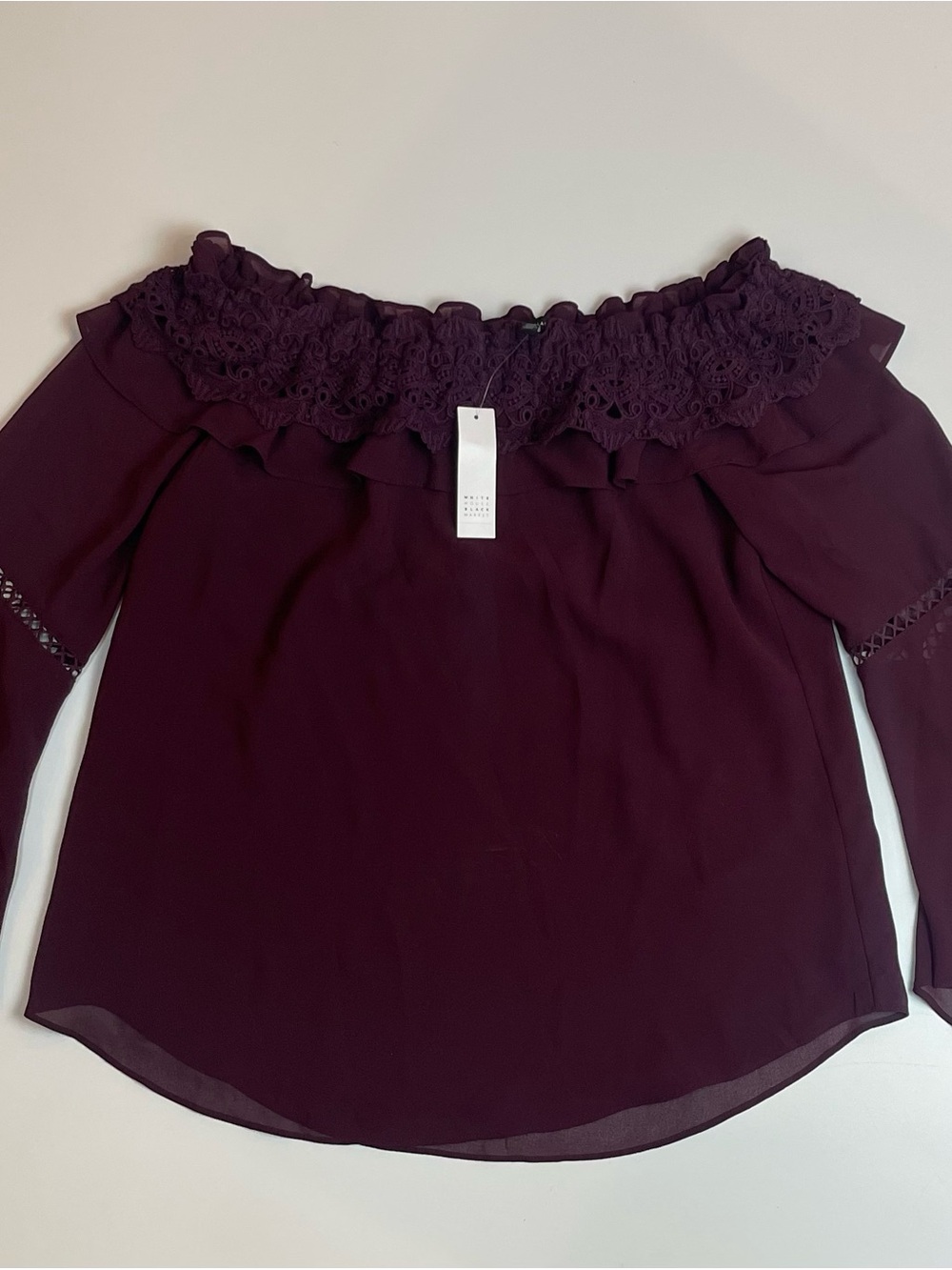 White House Black Market Cabernet Off- Shoulder Crochet Blouse-Size Large-NWT - Picture 2 of 7